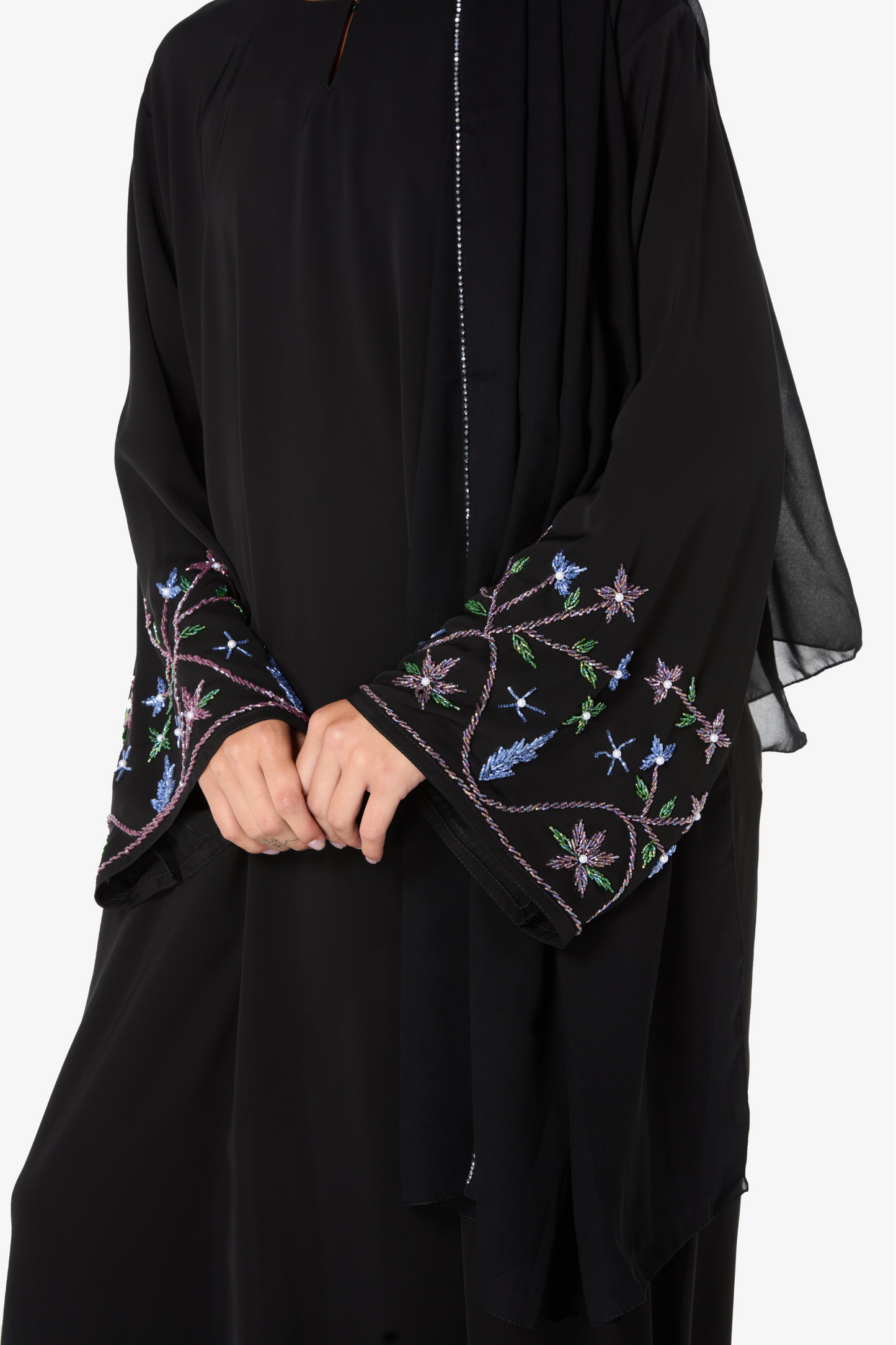 Black Floral Embroidered Abaya with Crystal-Trimmed Scarf