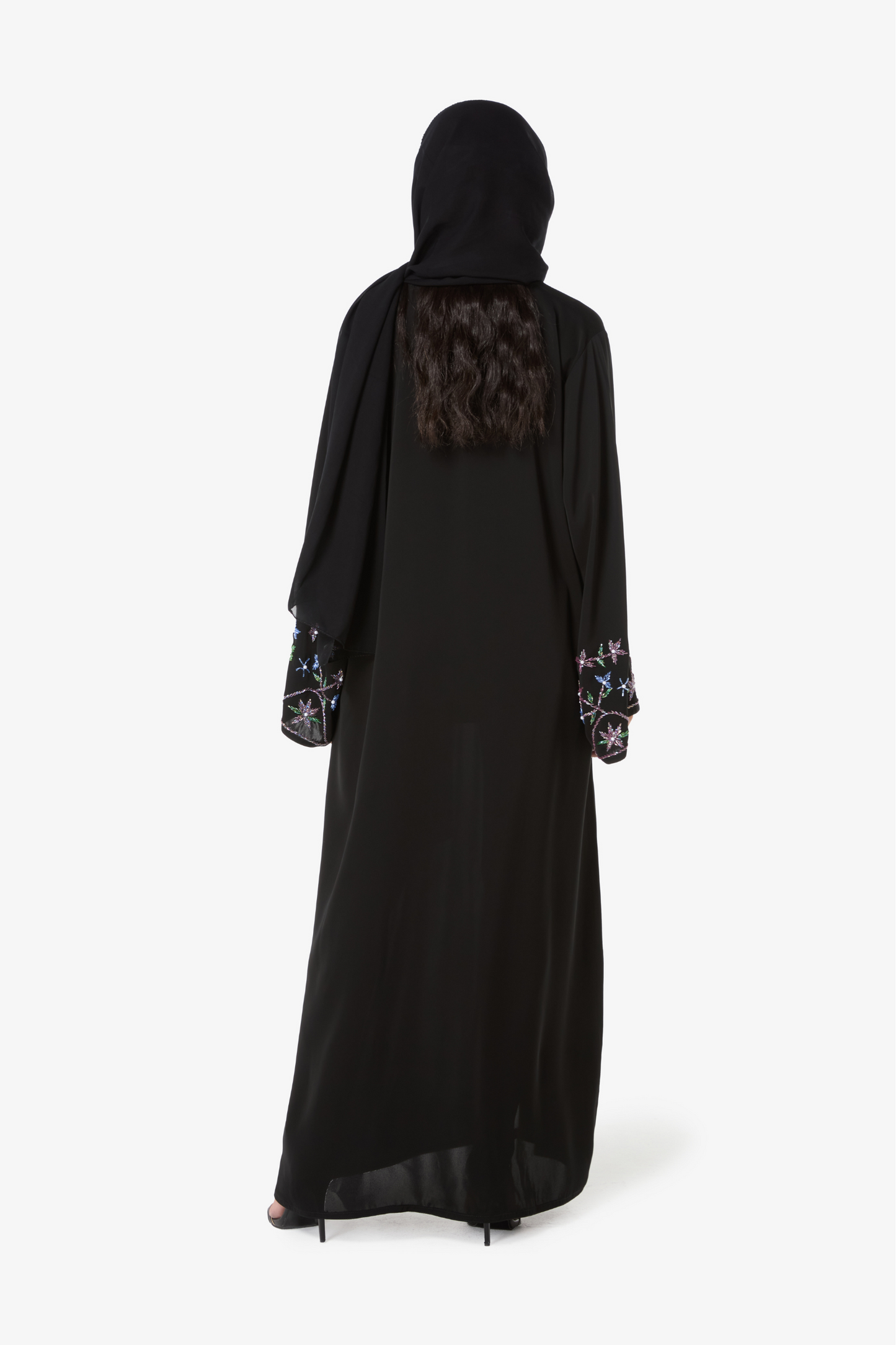 Black Floral Embroidered Abaya with Crystal-Trimmed Scarf