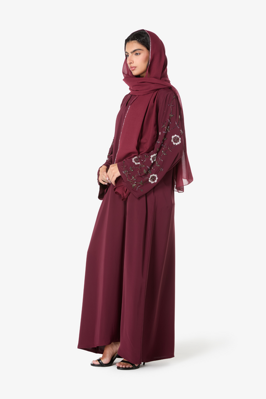 Elegant Maroon Embellished Abaya with Matching Hijab