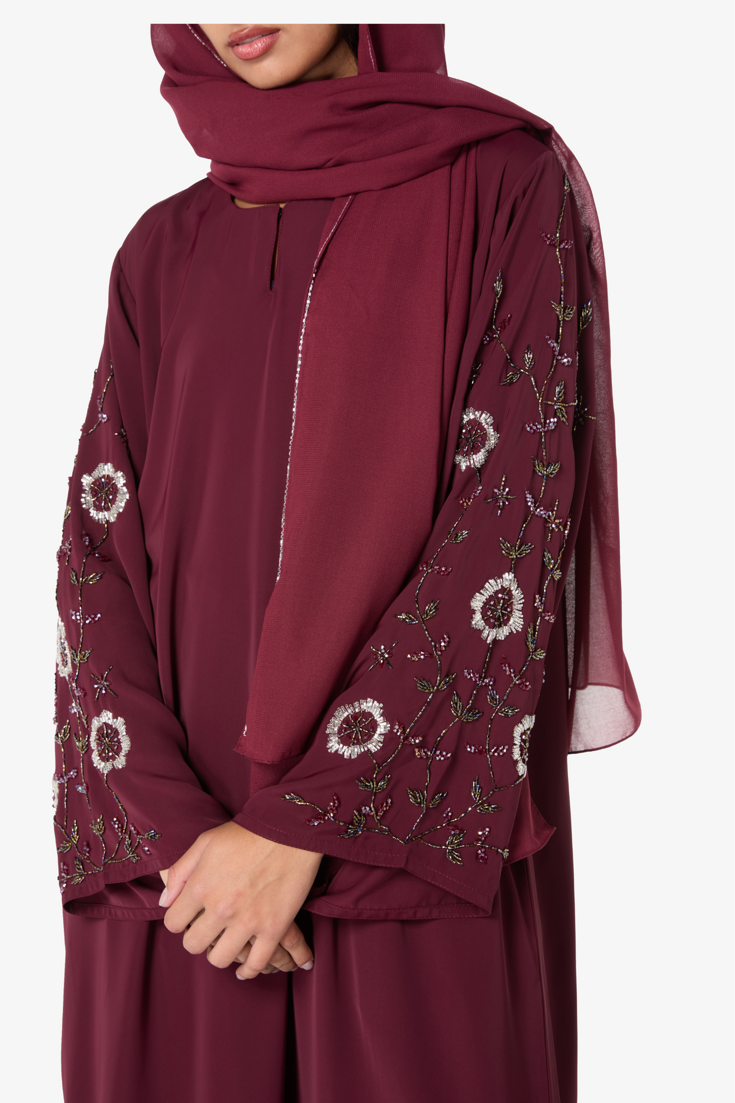 Elegant Maroon Embellished Abaya with Matching Hijab