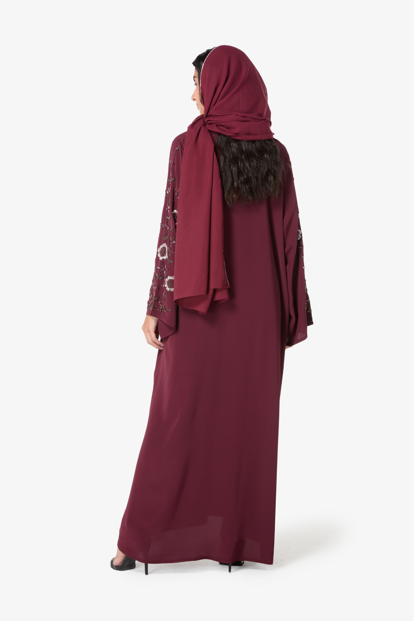 Elegant Maroon Embellished Abaya with Matching Hijab