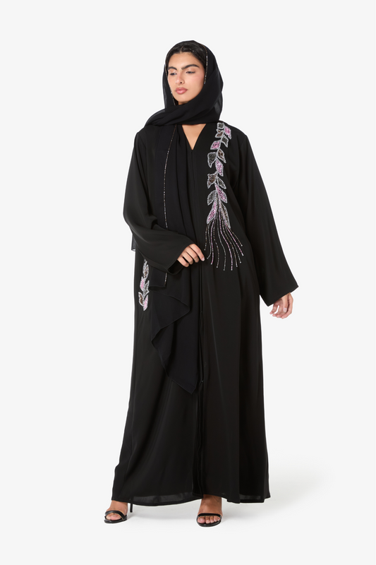 Stylish Black Open Abaya with Floral Detail