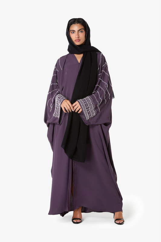Elegant Plum Embroidered Abaya with Black Sheilah
