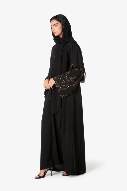 Modest Black Abaya and Scarf Set with Embroidered Sleeves
