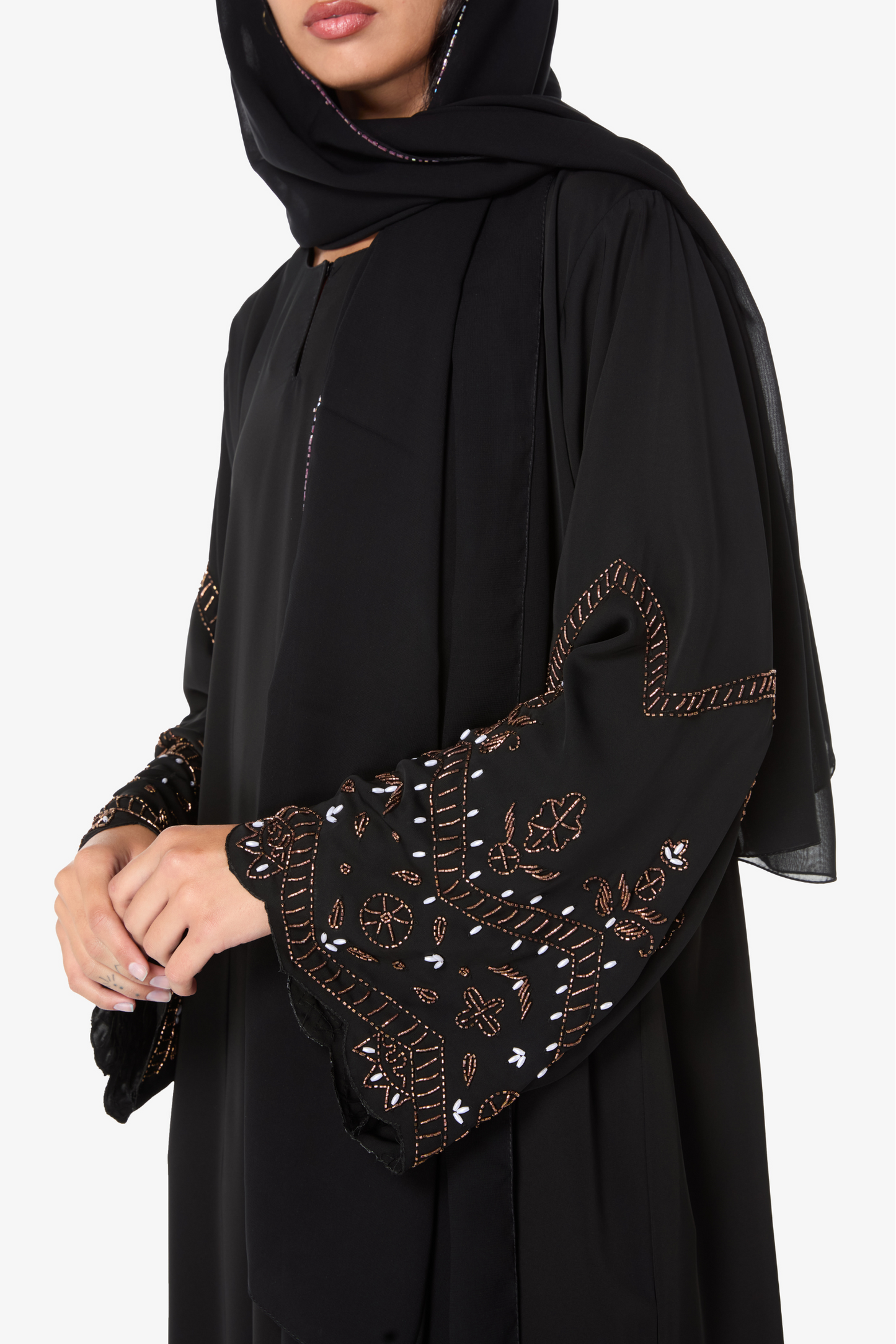 Modest Black Abaya and Scarf Set with Embroidered Sleeves