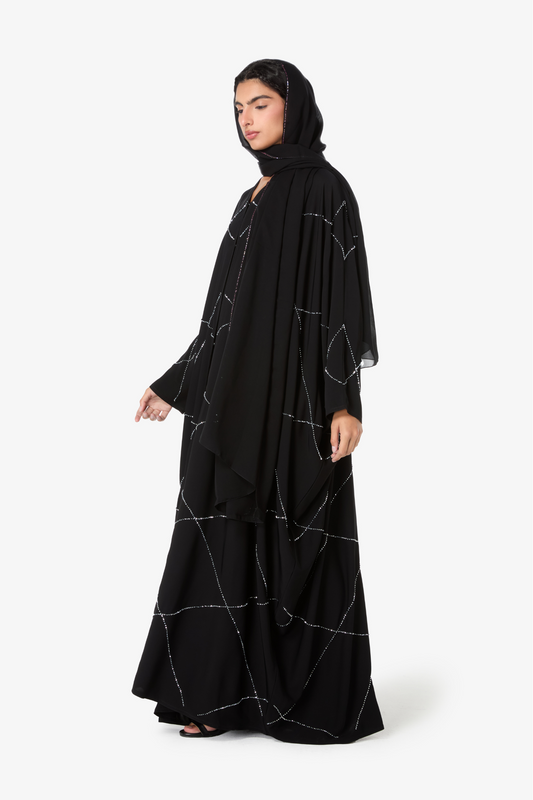 Contemporary Black Abaya with Coordinating Hijab and Silver Pattern