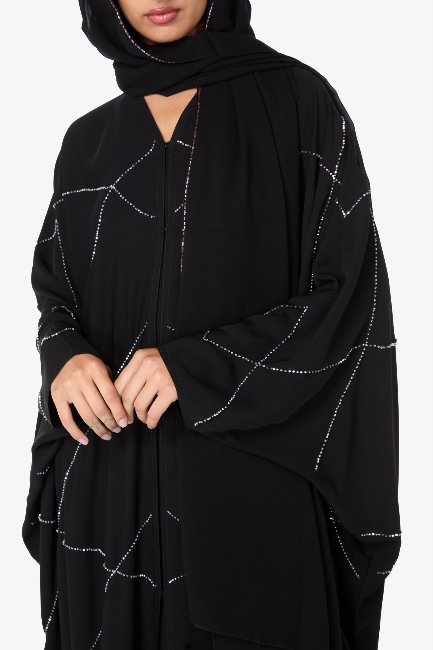 Contemporary Black Abaya with Coordinating Hijab and Silver Pattern