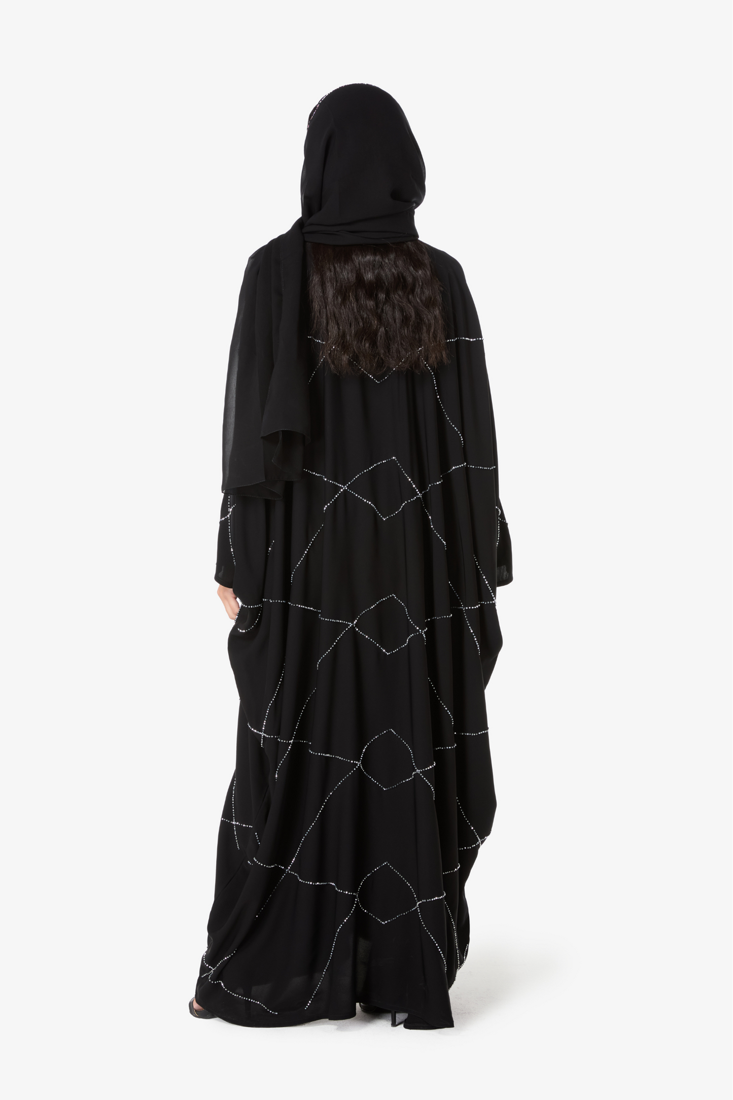 Contemporary Black Abaya with Coordinating Hijab and Silver Pattern