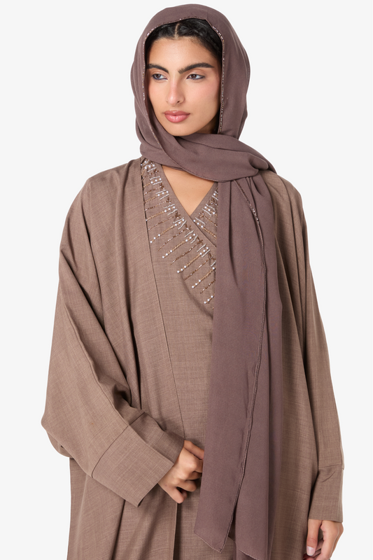 Stylish Mocha Open Abaya with Delicate Chest Detail