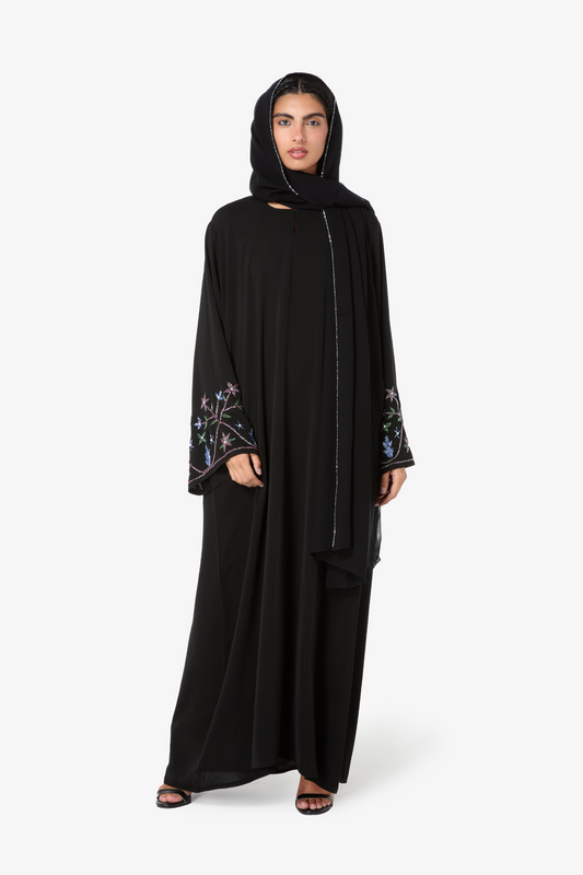 Black Floral Embroidered Abaya with Crystal-Trimmed Scarf