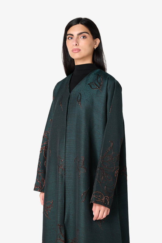AMAALEEY | Copper-Toned Floral Embroidered Dark Green Abaya