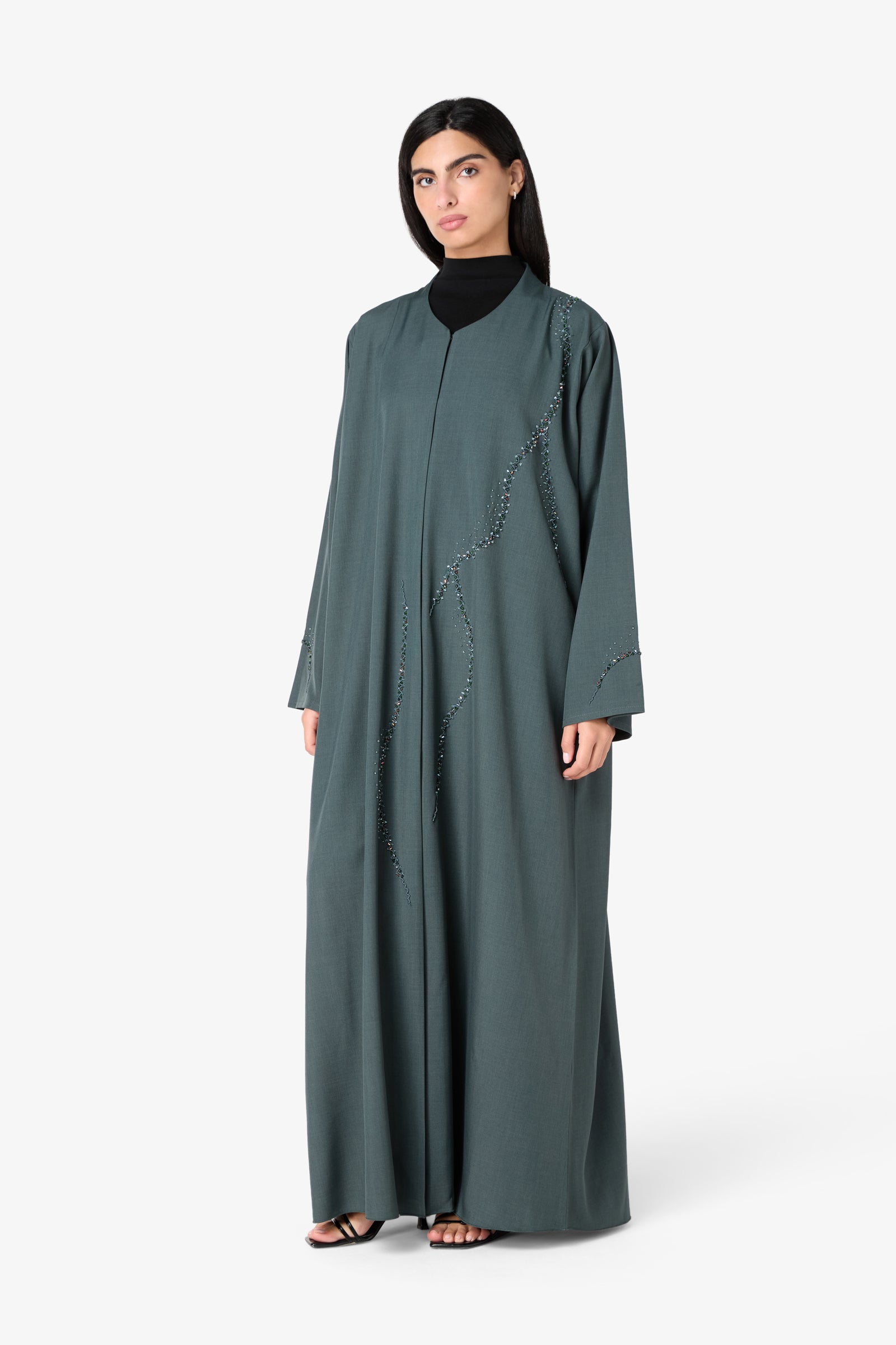 AMAALEEY | Slate Green Embellished Open Abaya AMAALEEY | Slate Green Embellished Open Abaya