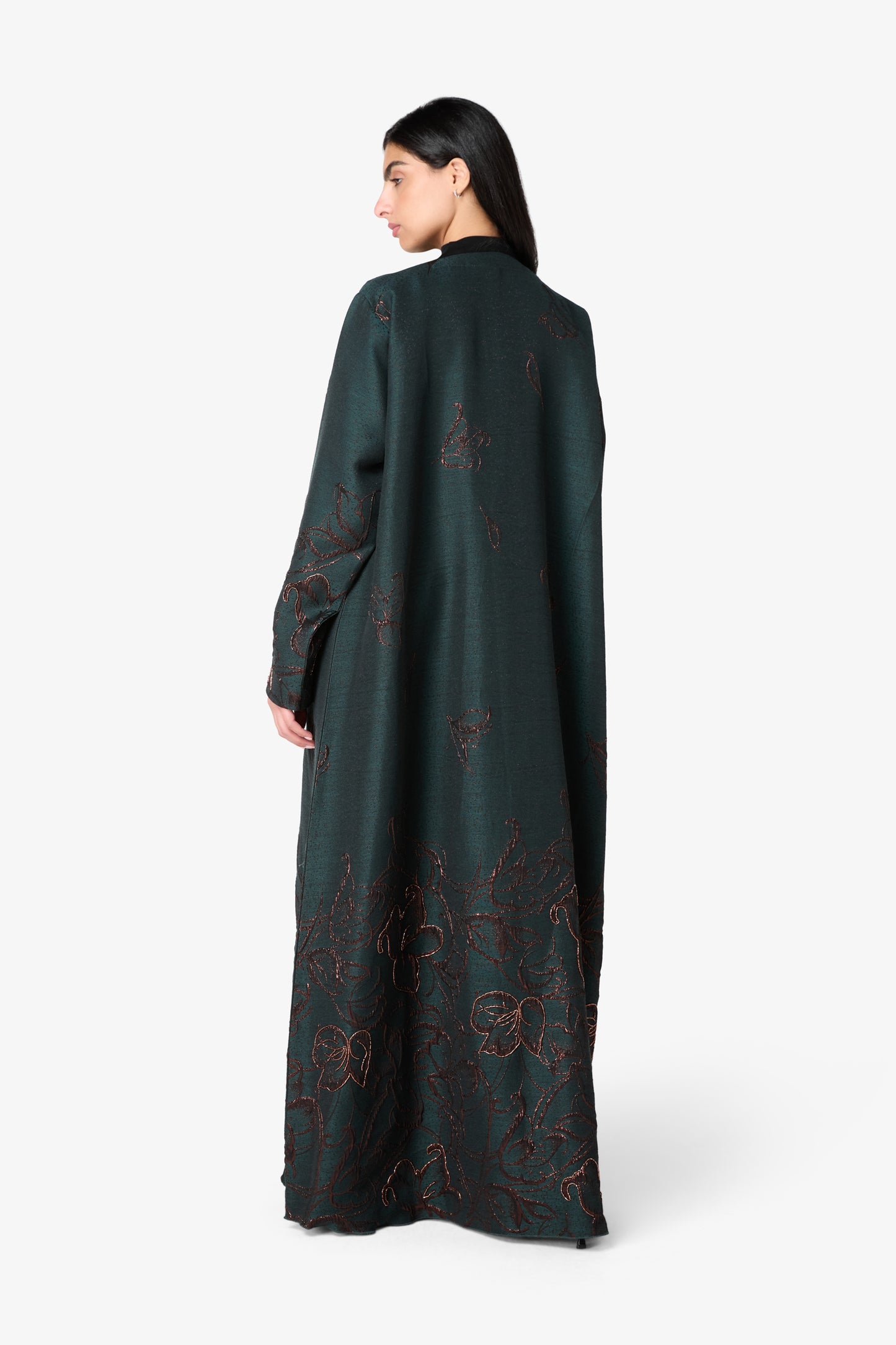 AMAALEEY | Copper-Toned Floral Embroidered Dark Green Abaya