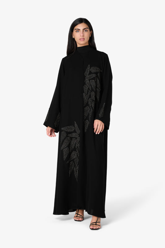 AMAALEEY | Silver Fern Leaf Embroidered Abaya