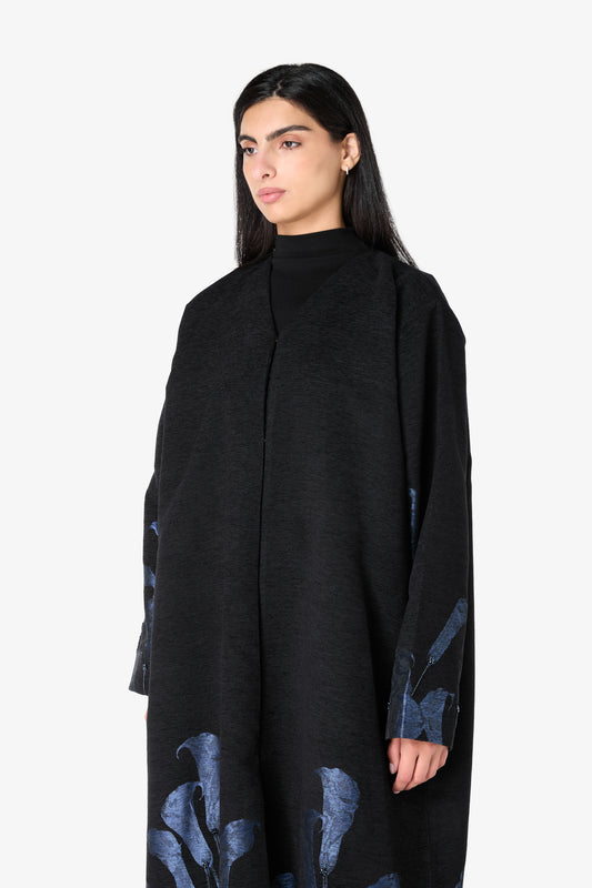 AMAALEEY | Blue Calla Lily Design Black Abaya
