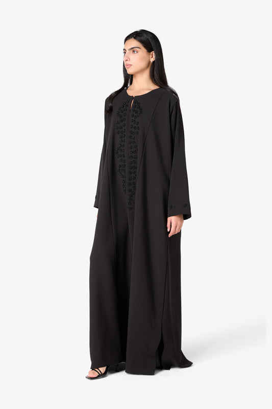 Ornate Lace-Embroidered Abaya with Scalloped Neckline
