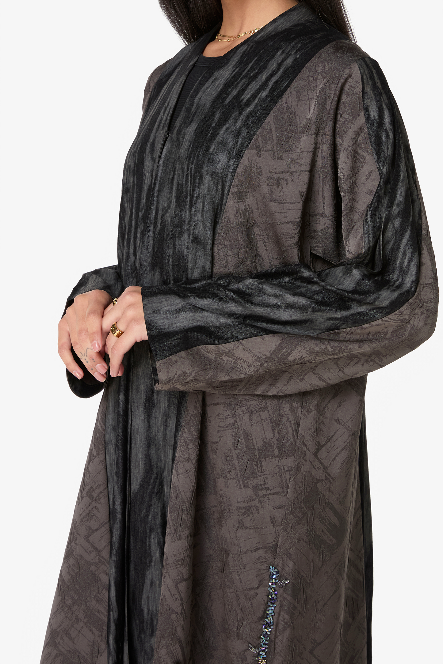 Elegant Dual-Tone Textured Abaya in Charcoal & Taupe