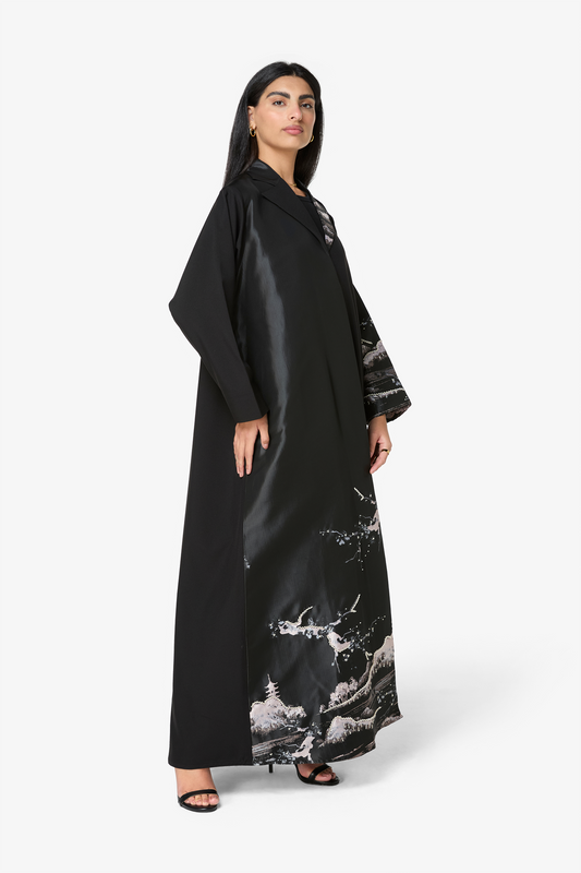 Modern Black Abaya with Abstract Satin Accents