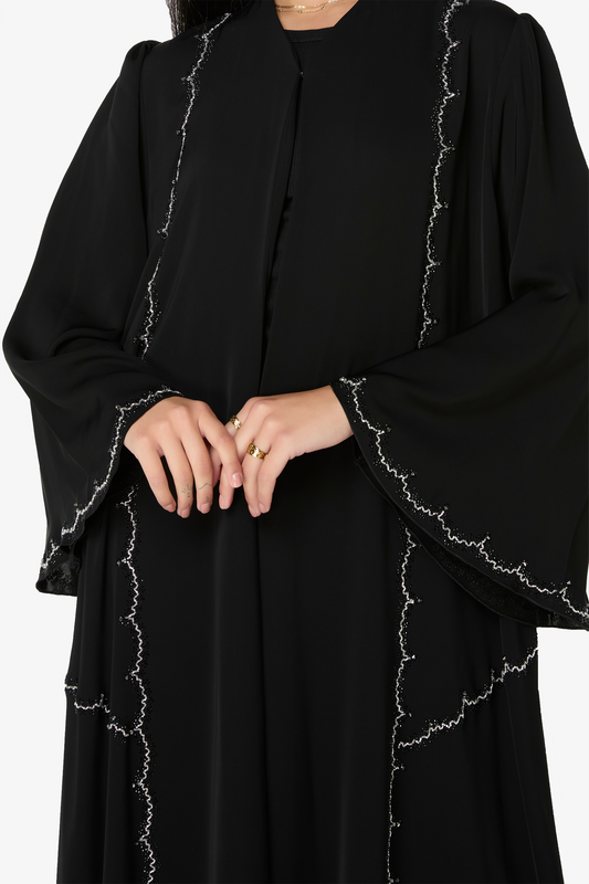 Black Flowing Abaya with Delicate Silver Embellished Trim