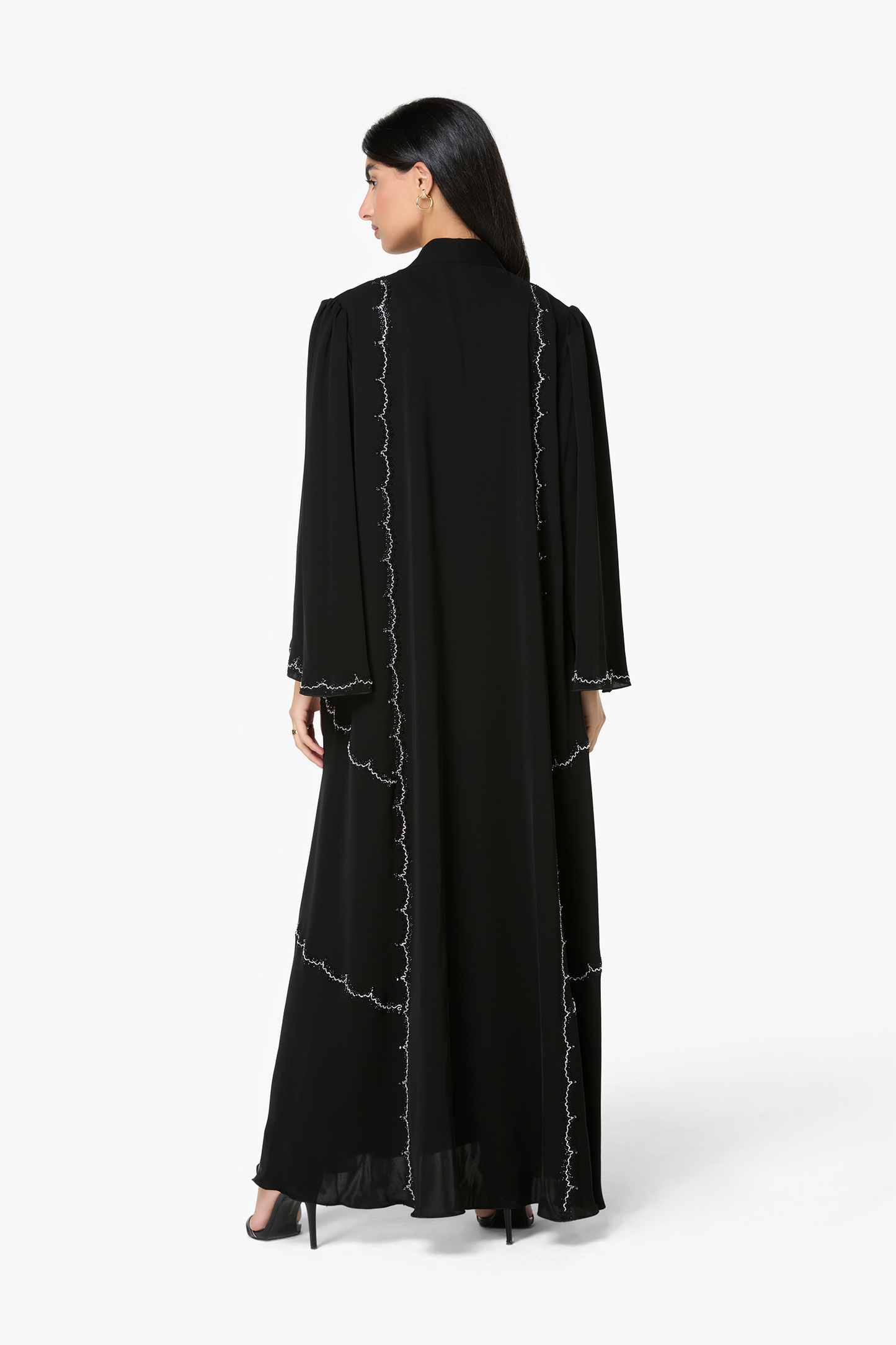 Black Flowing Abaya with Delicate Silver Embellished Trim