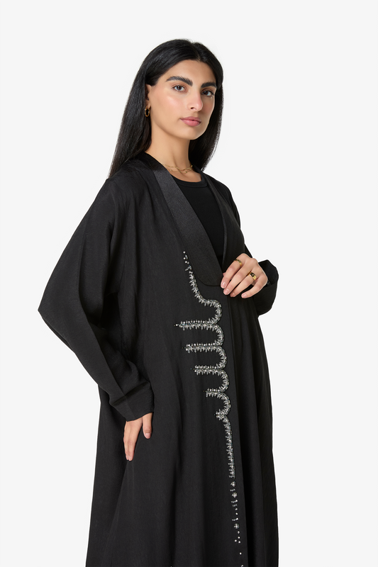 Black Embellished Abaya with Elegant Crystal Cascade Design