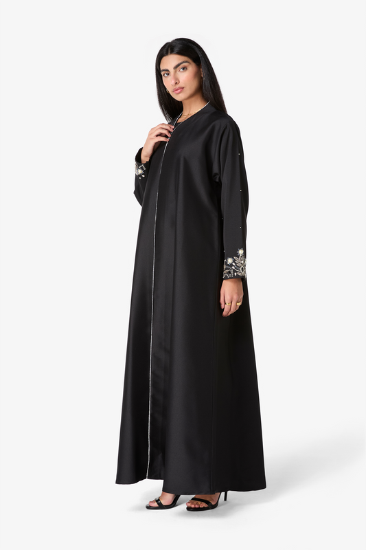 Black Embellished Abaya with Elegant Beaded Cuffs