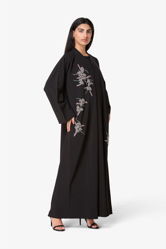 Stylish Black Floral Embellished Abaya