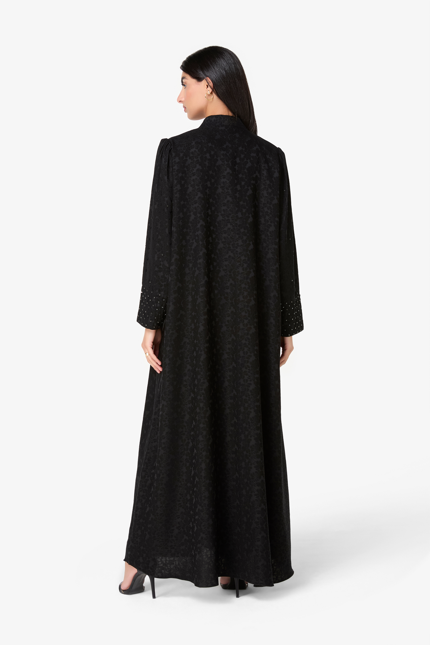 Classic Black Embossed Abaya with Pearl Cuff Details