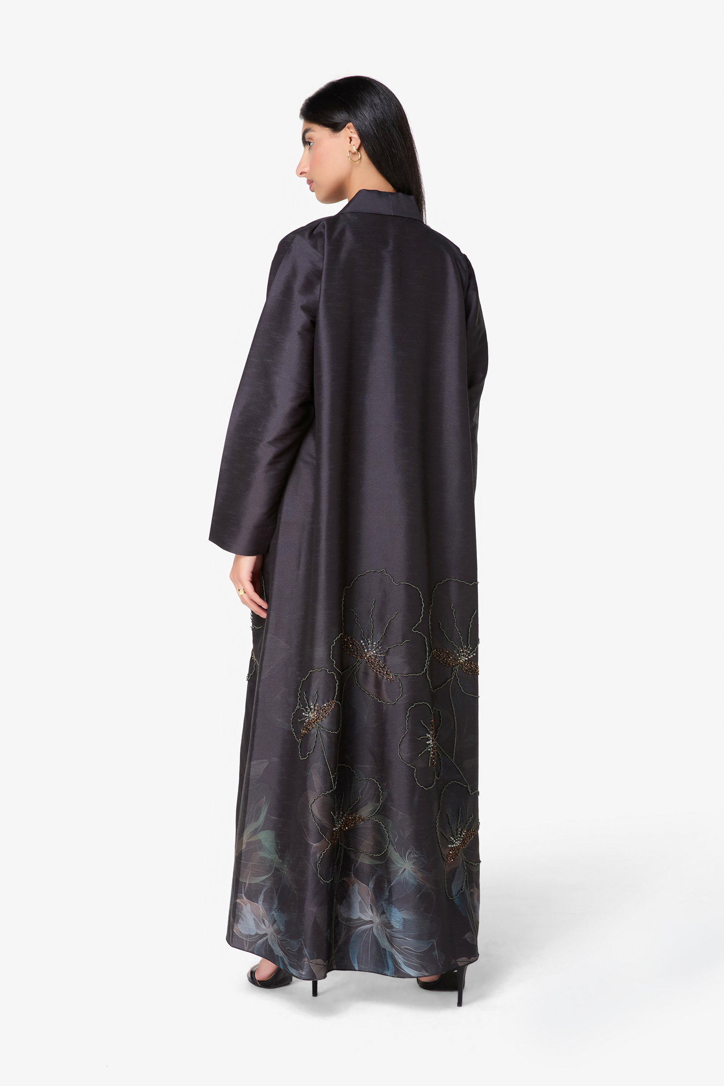 Black Satin Abaya with Floral Embroidery