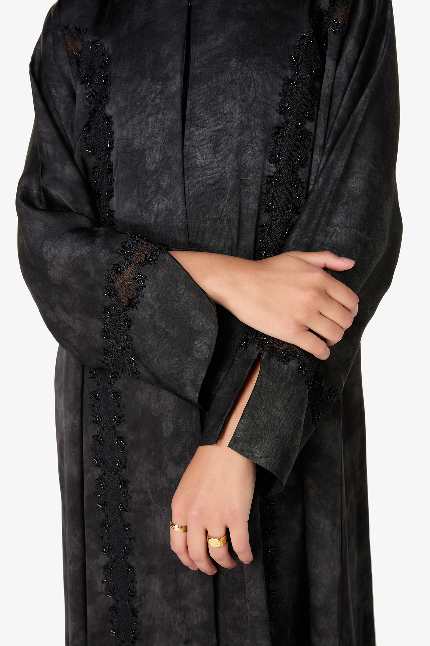 Black Textured Abaya with Beaded Detailing