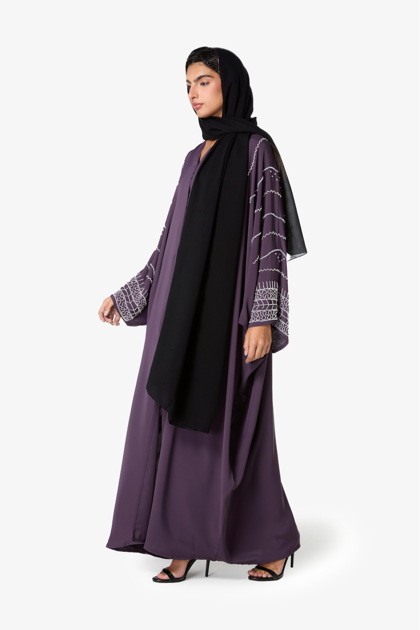 Elegant Plum Embroidered Abaya with Black Sheilah