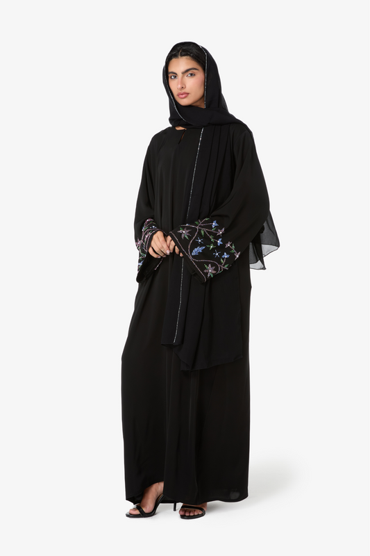 Black Floral Embroidered Abaya with Crystal-Trimmed Scarf