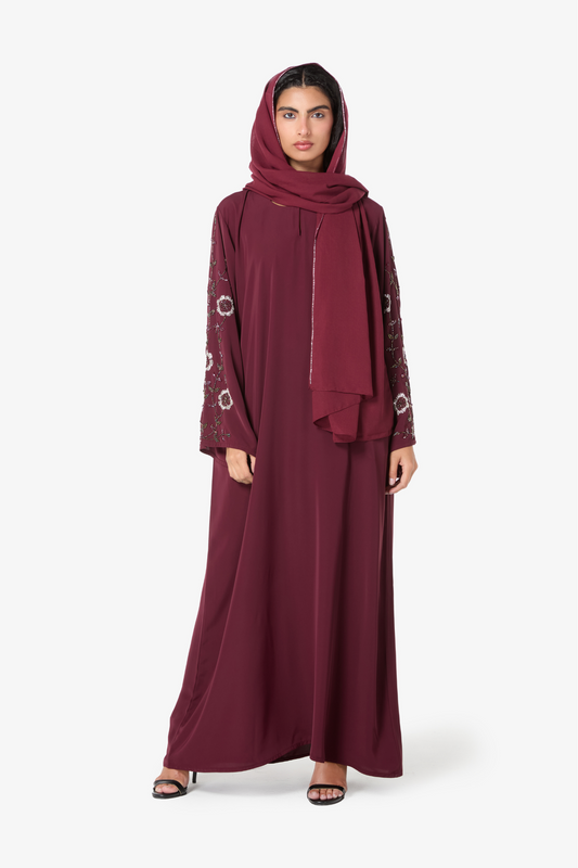Elegant Maroon Embellished Abaya with Matching Hijab