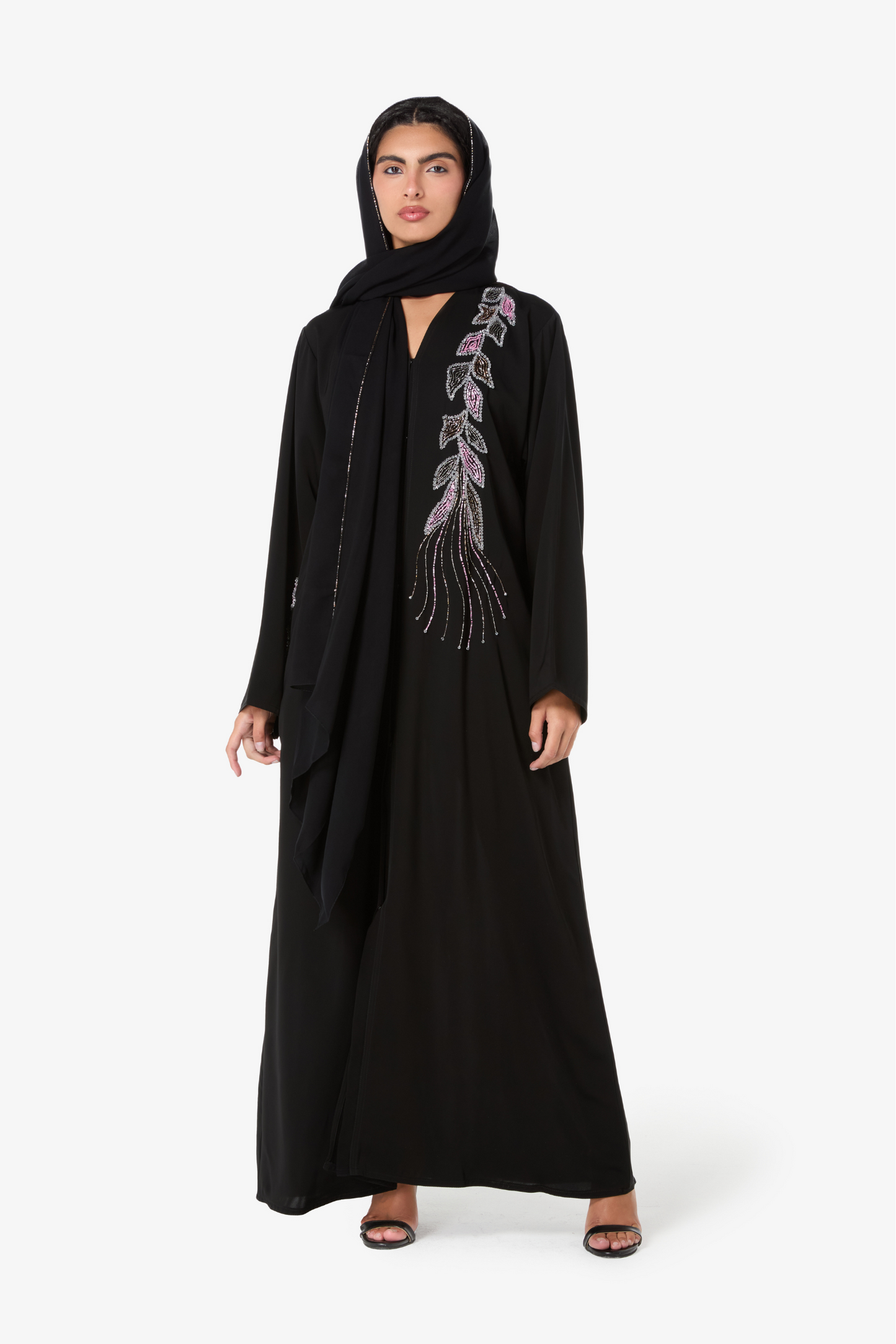 Stylish Black Open Abaya with Floral Detail