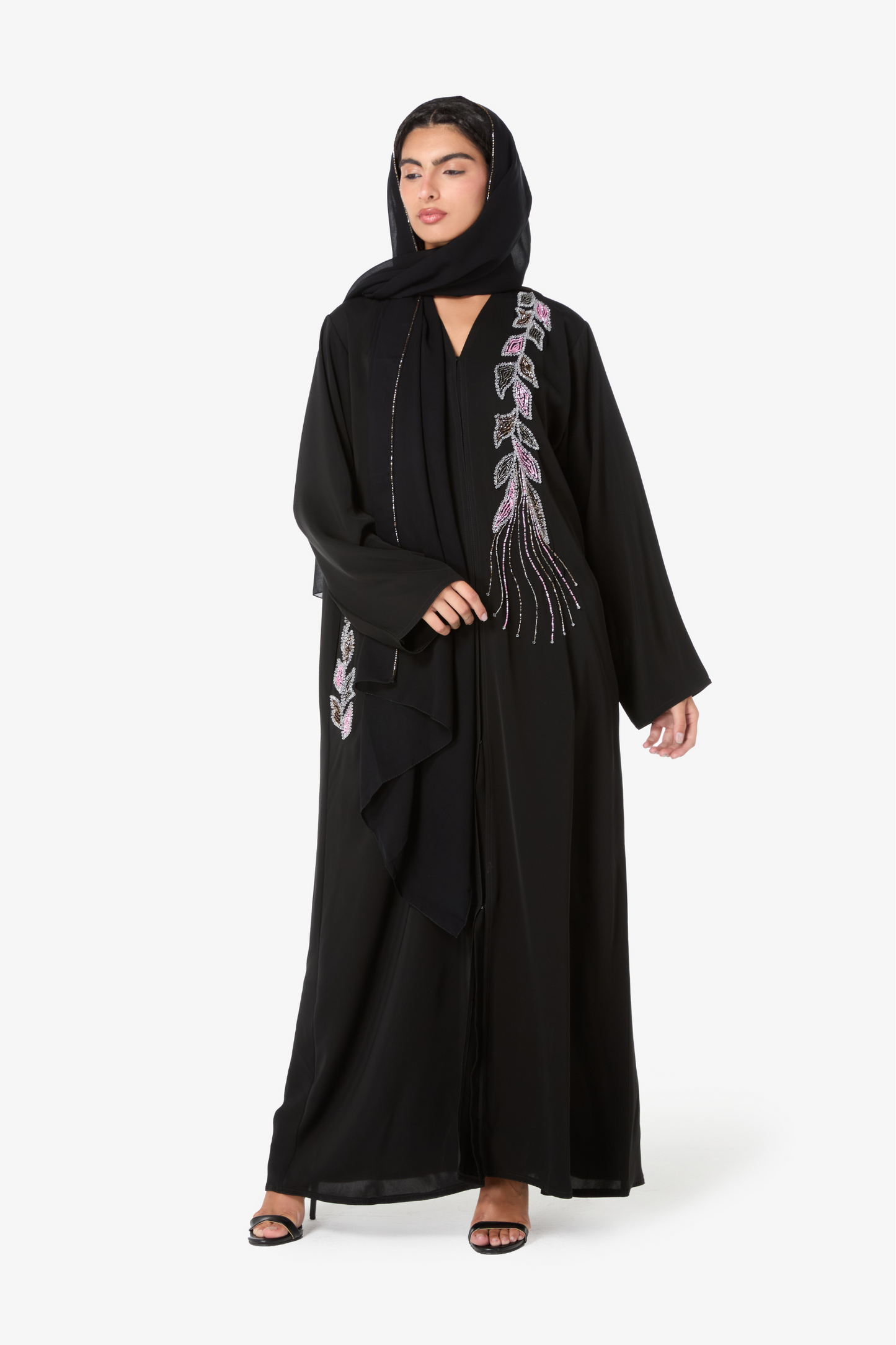 Stylish Black Open Abaya with Floral Detail