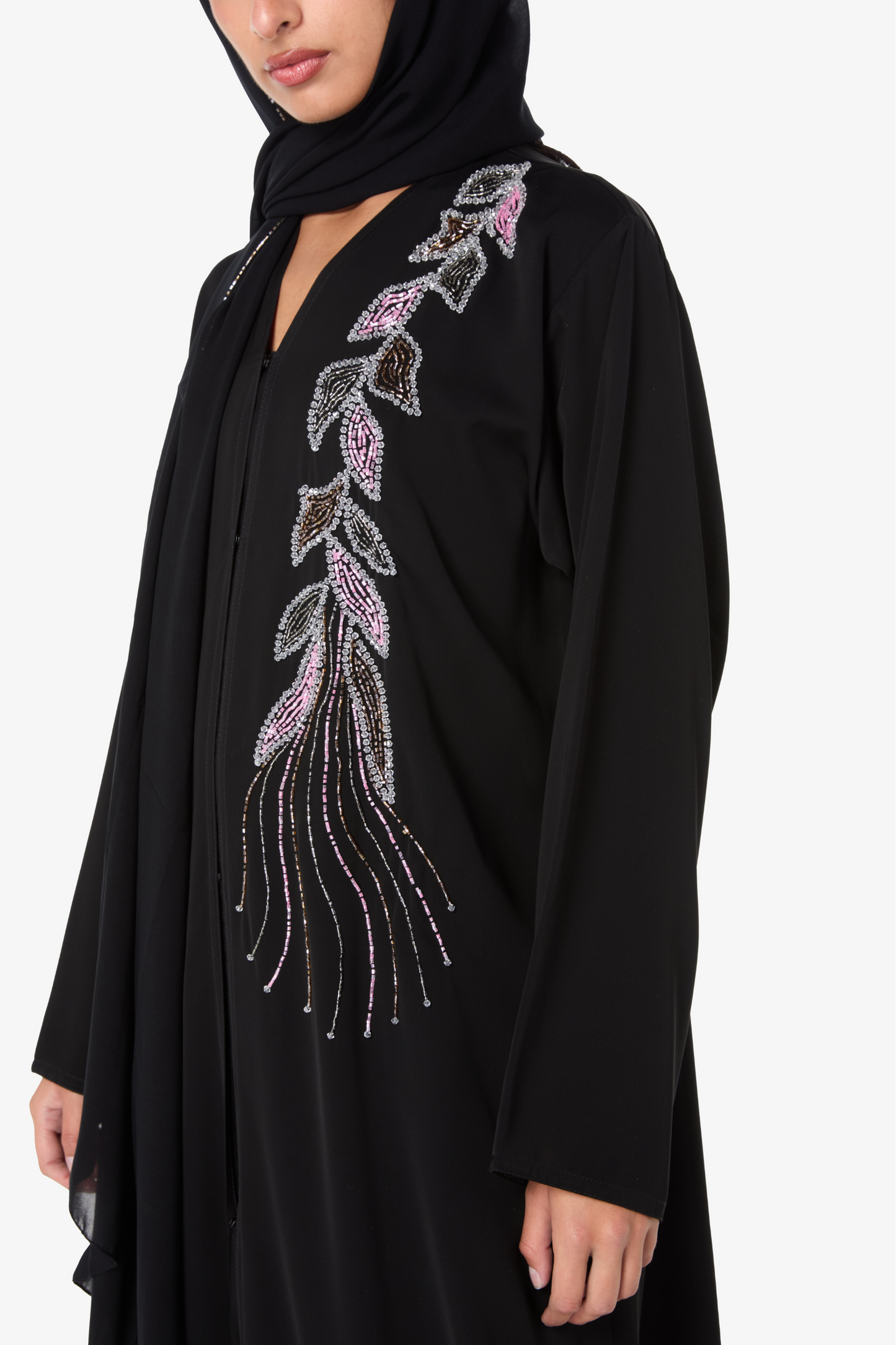 Stylish Black Open Abaya with Floral Detail