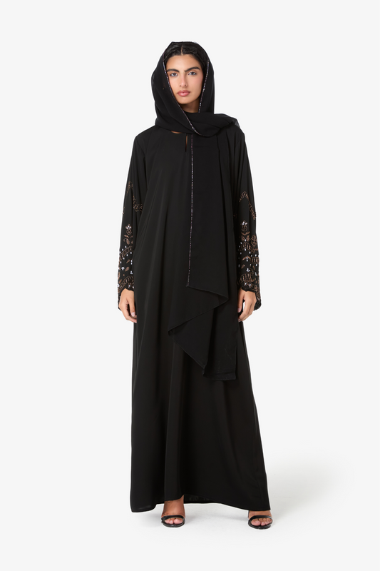 Modest Black Abaya and Scarf Set with Embroidered Sleeves