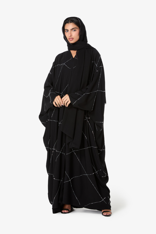 Contemporary Black Abaya with Coordinating Hijab and Silver Pattern