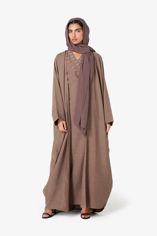 Stylish Mocha Open Abaya with Delicate Chest Detail