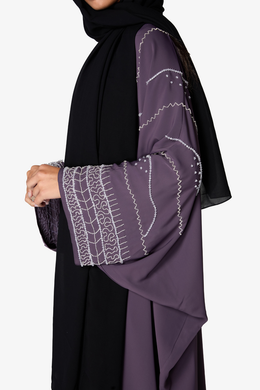 Elegant Plum Embroidered Abaya with Black Sheilah