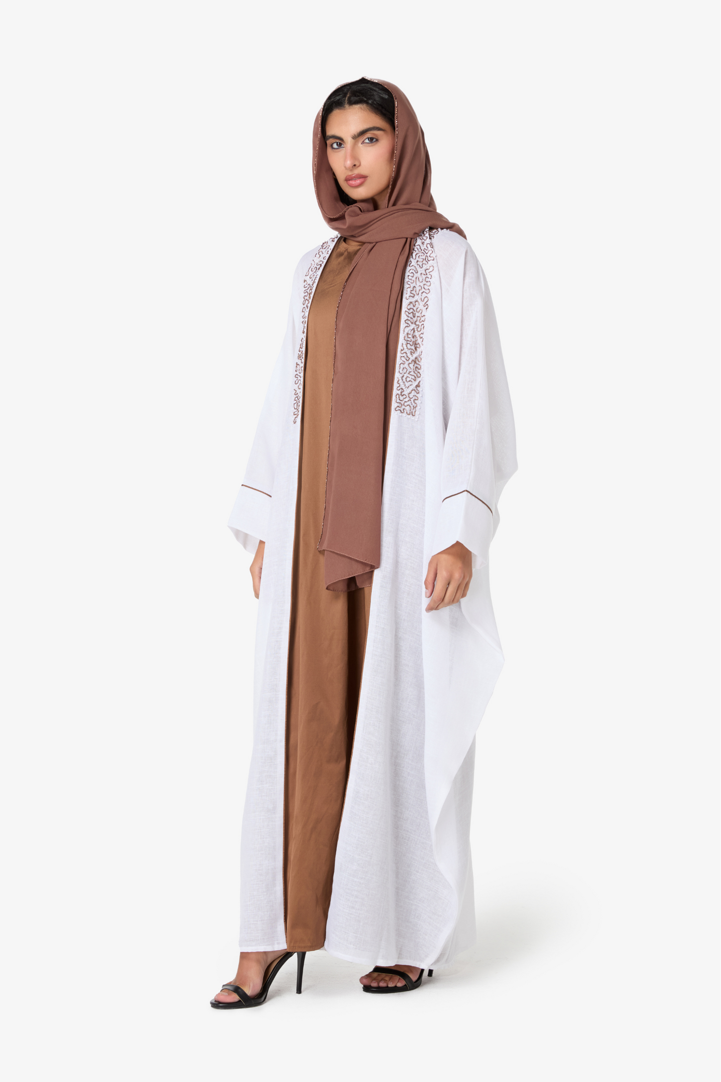 Stylish White and Brown Abaya with Delicate Embroidery