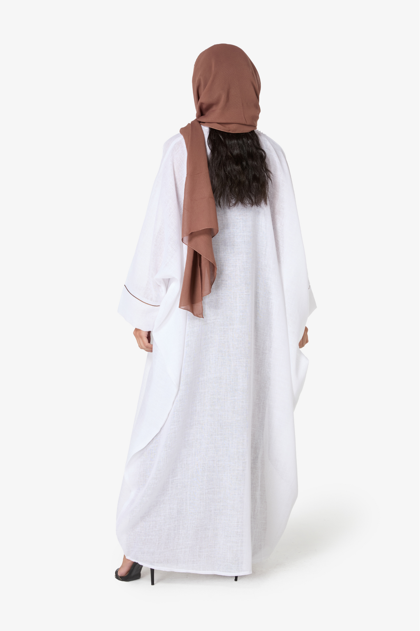 Stylish White and Brown Abaya with Delicate Embroidery