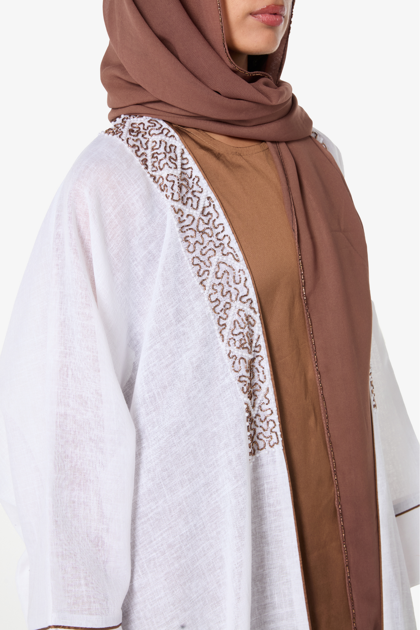 Stylish White and Brown Abaya with Delicate Embroidery
