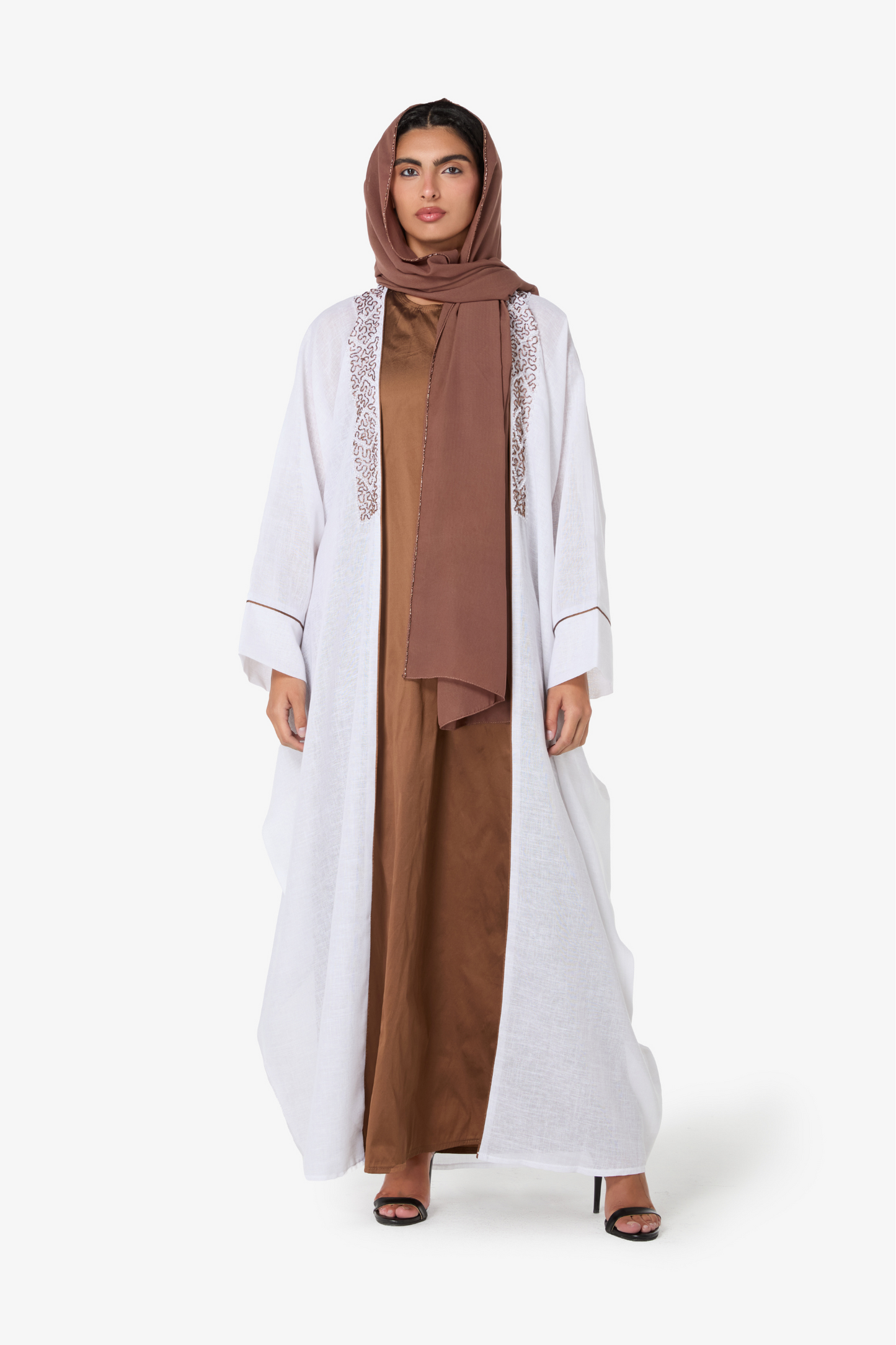 Stylish White and Brown Abaya with Delicate Embroidery