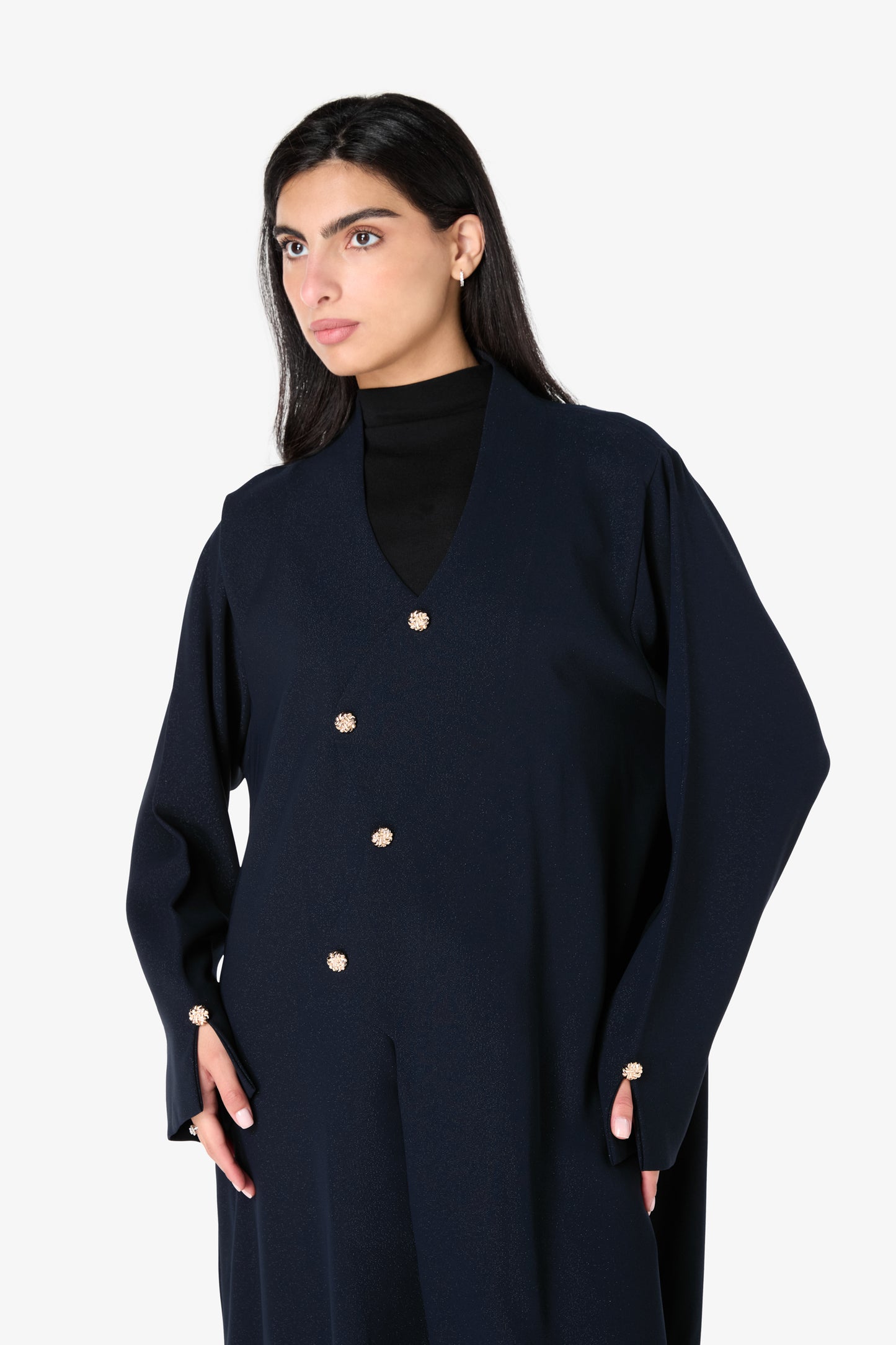 AMAALEEY | Navy Blue Gold Button Abaya