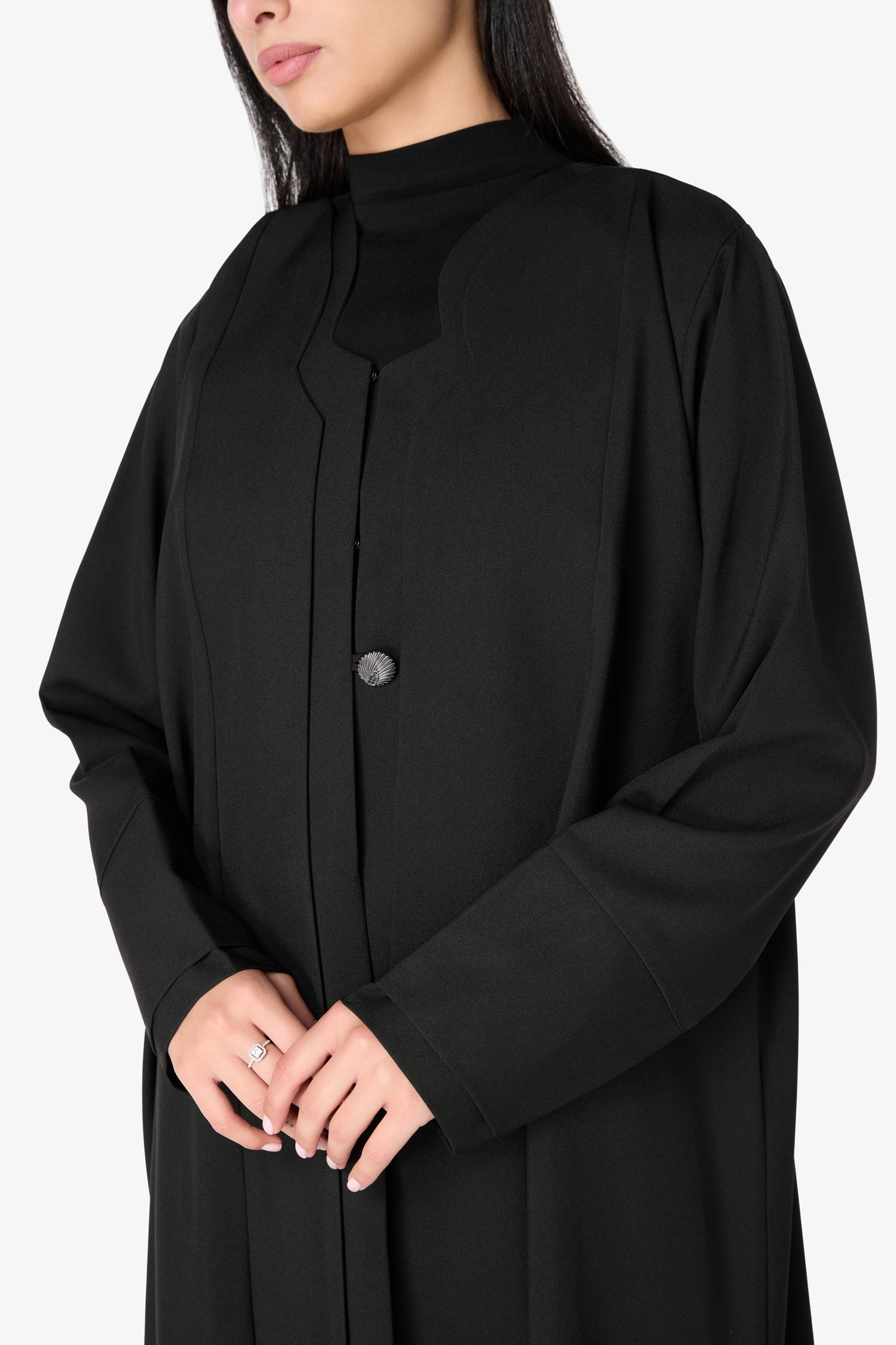 AMAALEEY | Black Layered Shell-Button Abaya