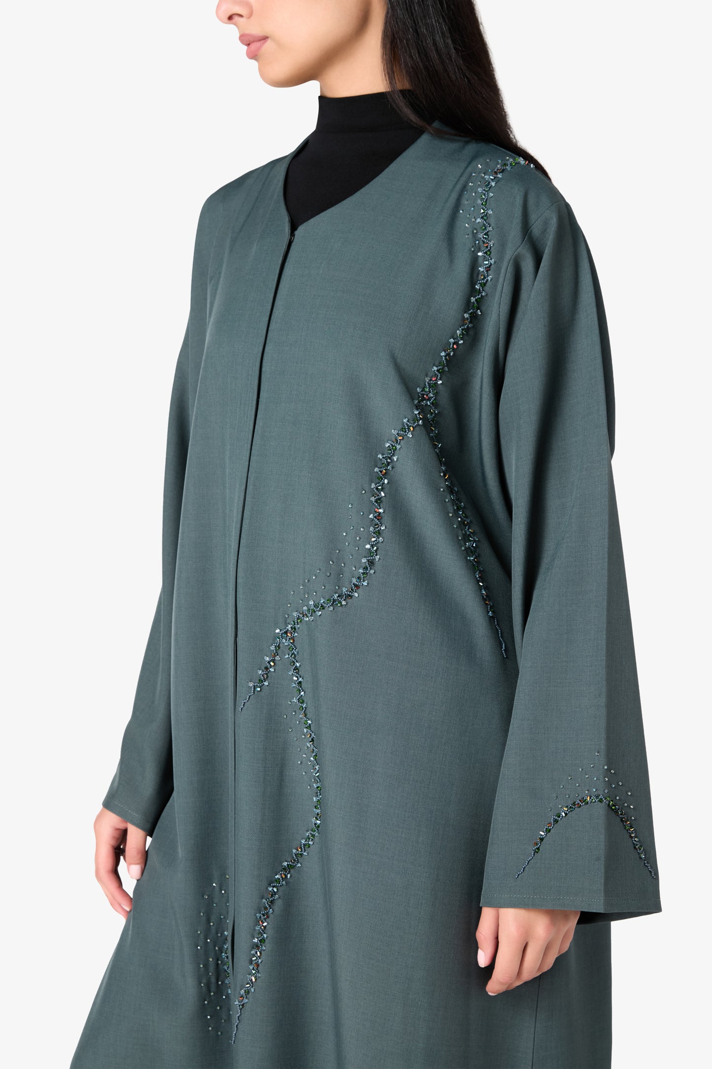 AMAALEEY | Slate Green Embellished Open Abaya