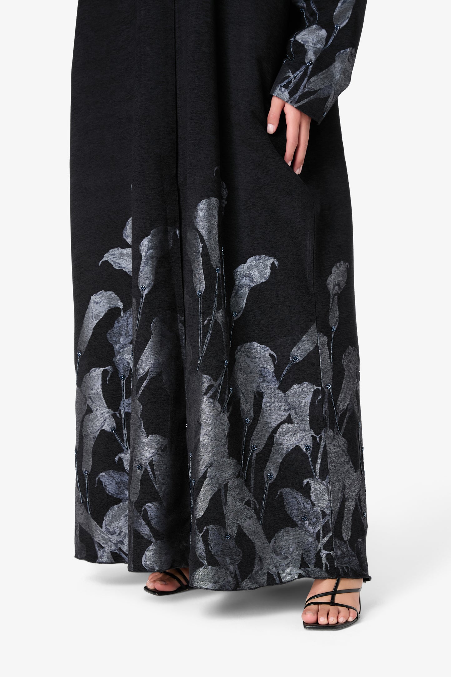 AMAALEEY | Open Black Abaya with Silver Calla Lily Design