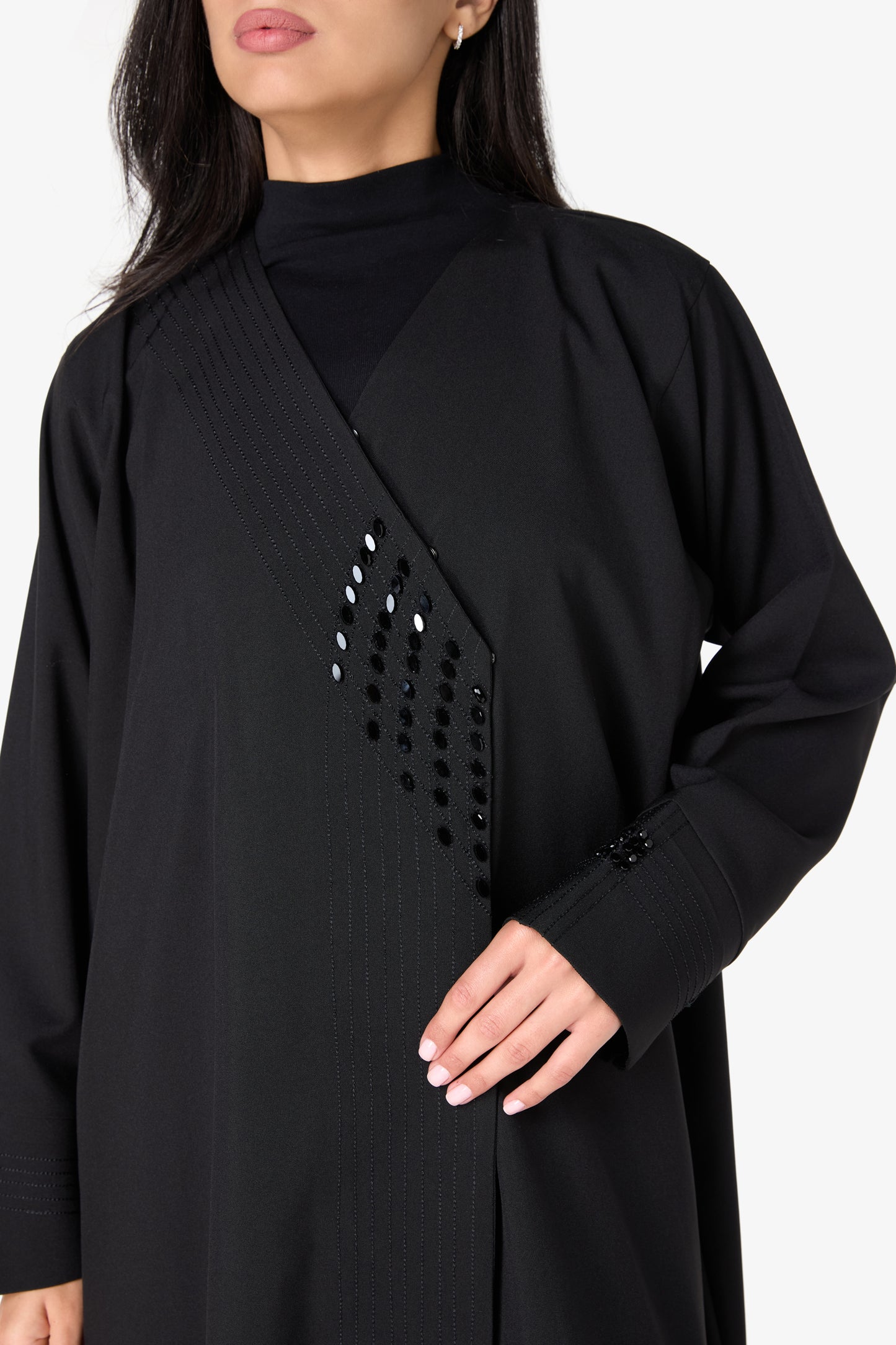 AMAALEEY | Black Embroidered V-Neck Abaya