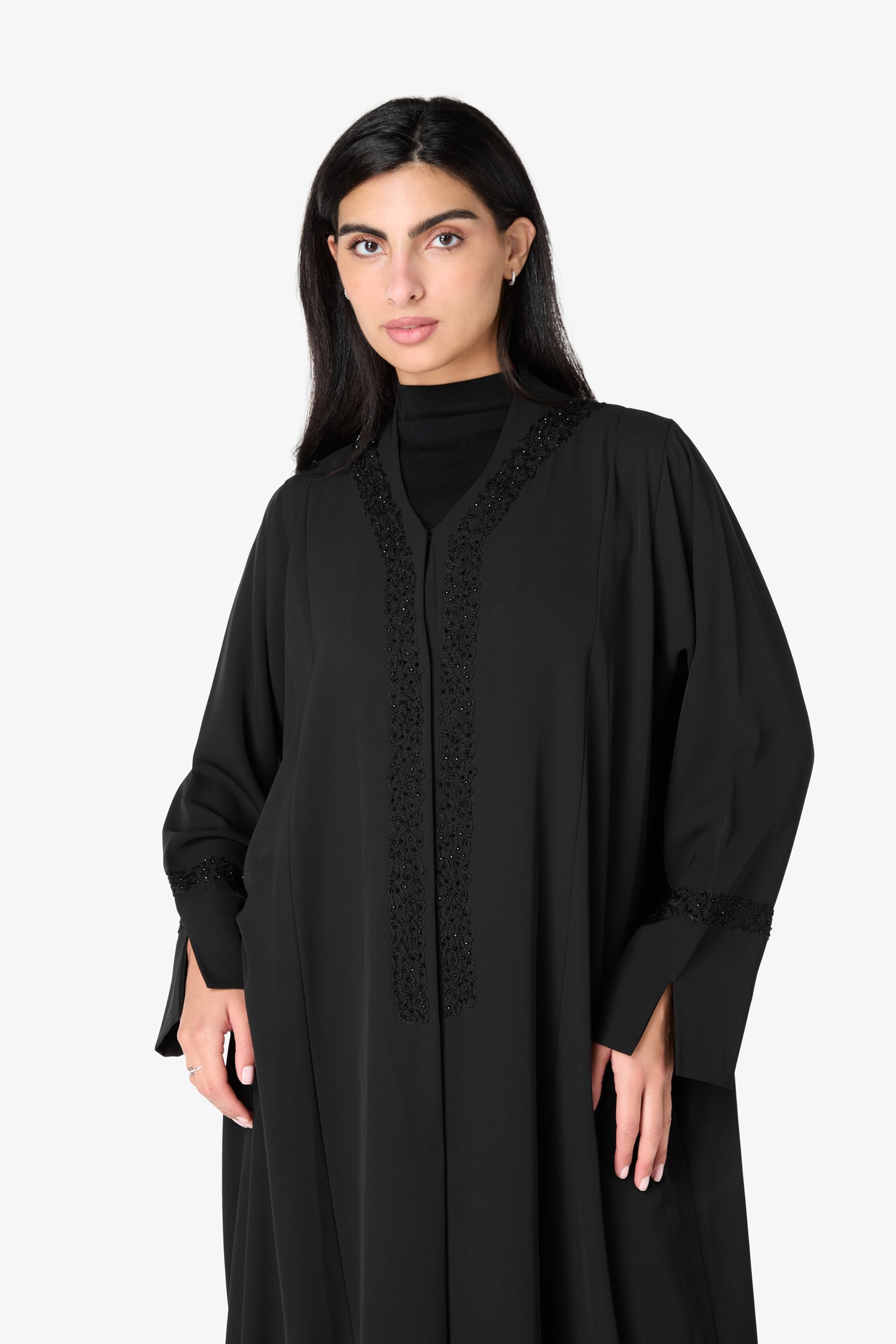 AMAALEEY | Black Textured V-Neck Abaya